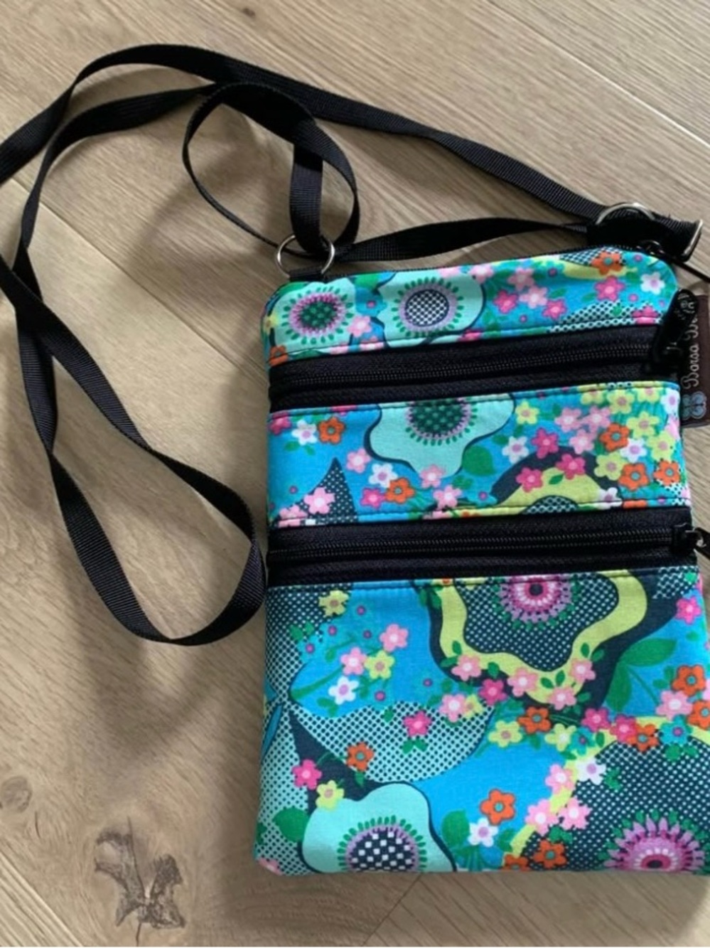 Teal Floral Crossbody Bag with Adjustable Black Strap